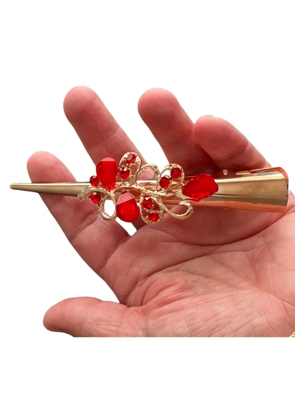 Gold Hair Clip with Red Gem Flourish - Women's Jewelry FINAL PRICE DROP